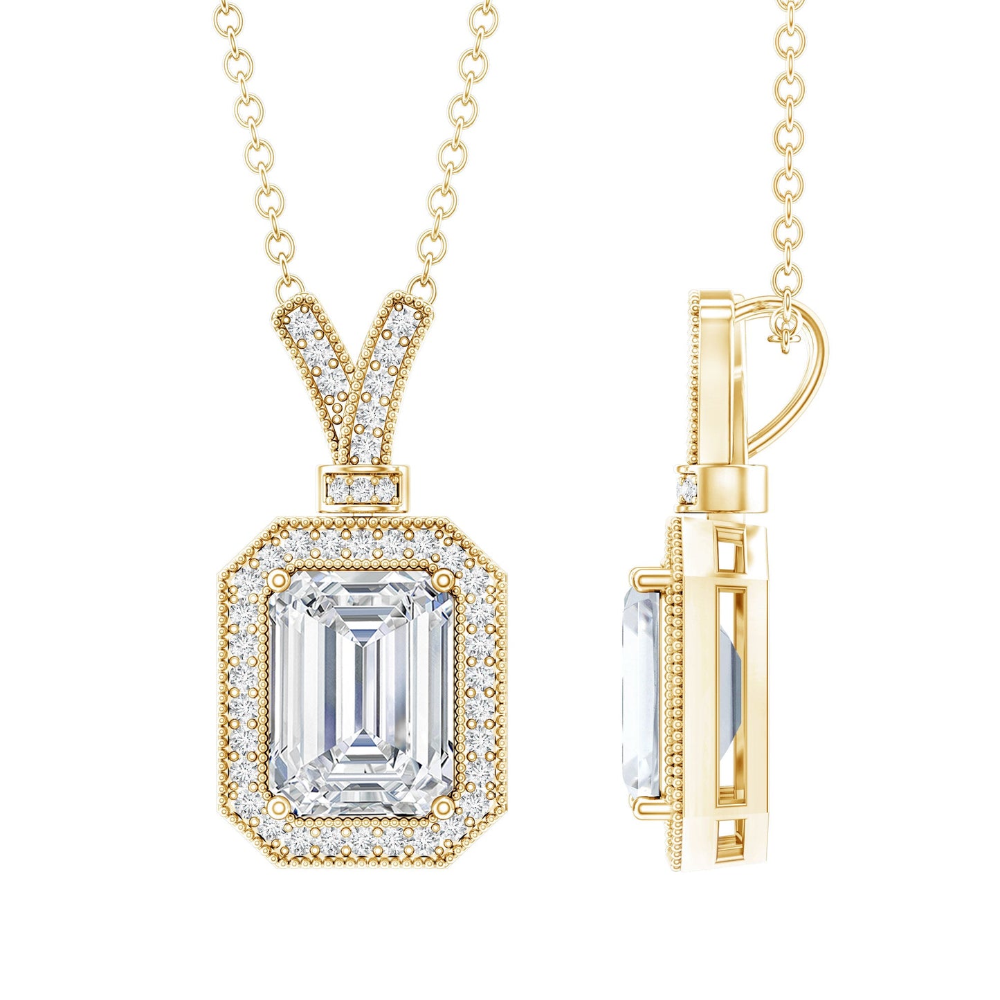 Lab Created Diamond 6X8 MM Emerald Cut Halo Necklace