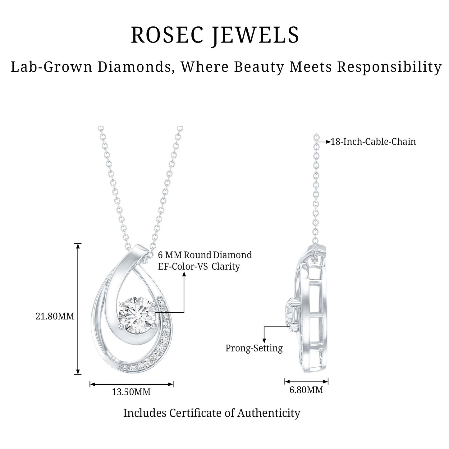 6 MM Round Lab Grown Diamond Teardrop Necklace for Women
