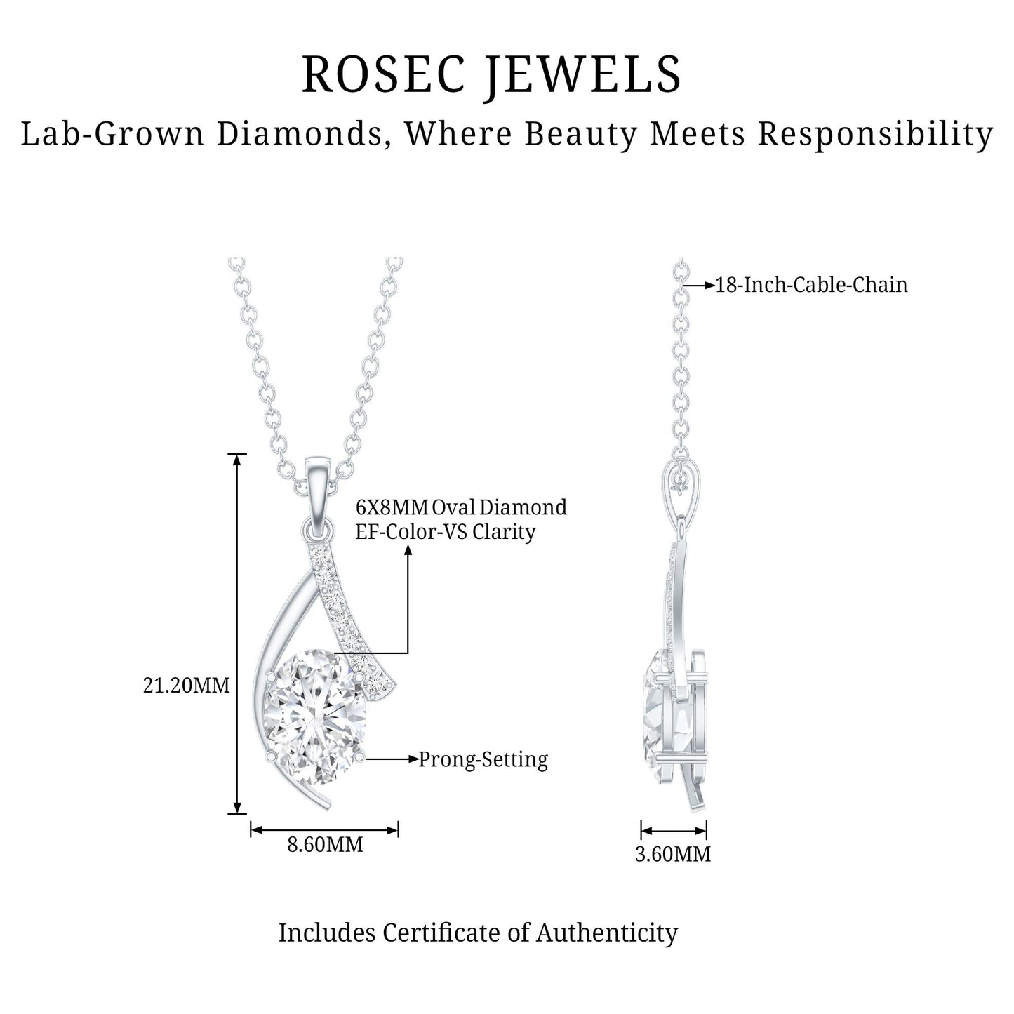 6X8 MM Oval Lab Grown Diamond Solitaire Necklace