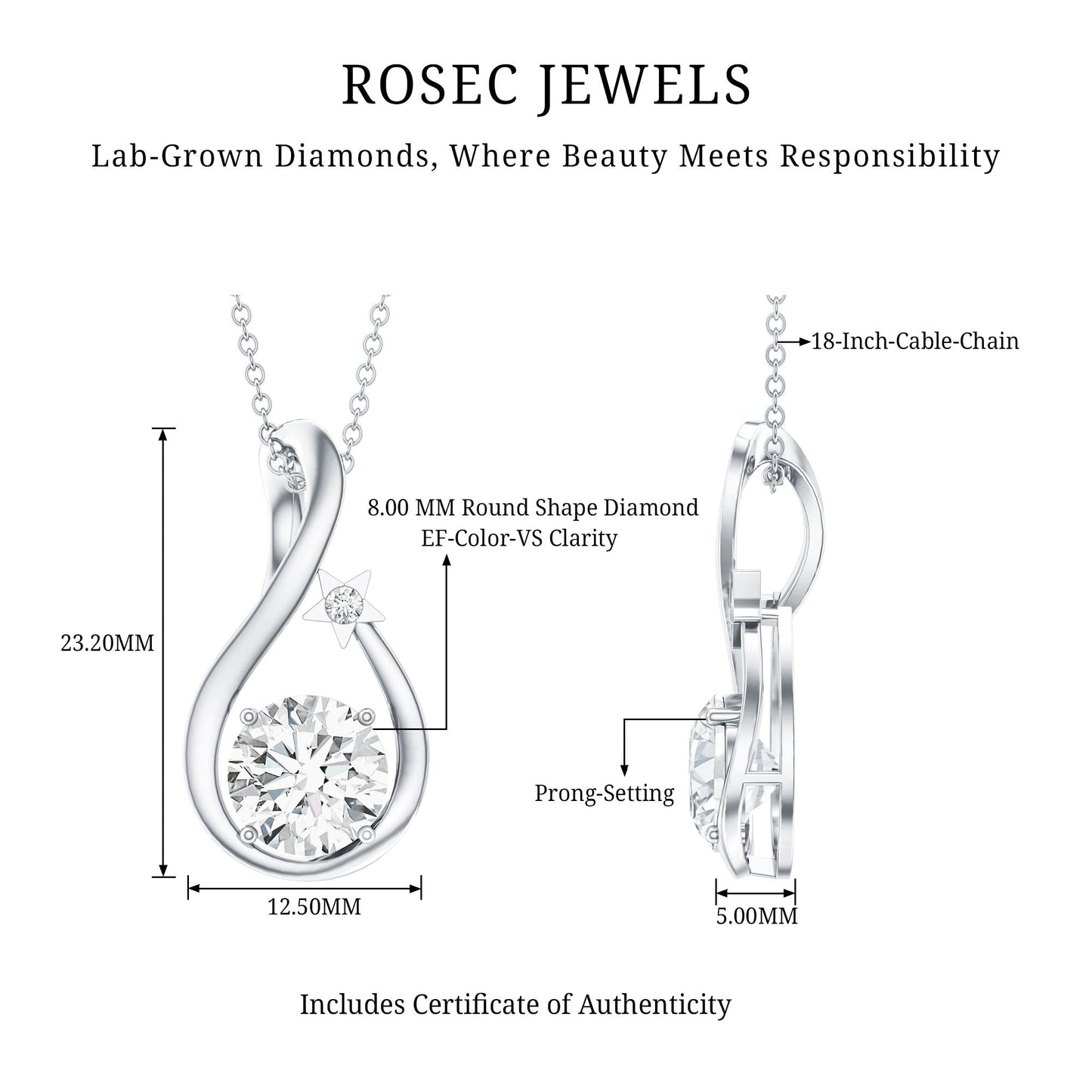 8 MM Round Solitaire Lab Grown Diamond Teardrop Necklace