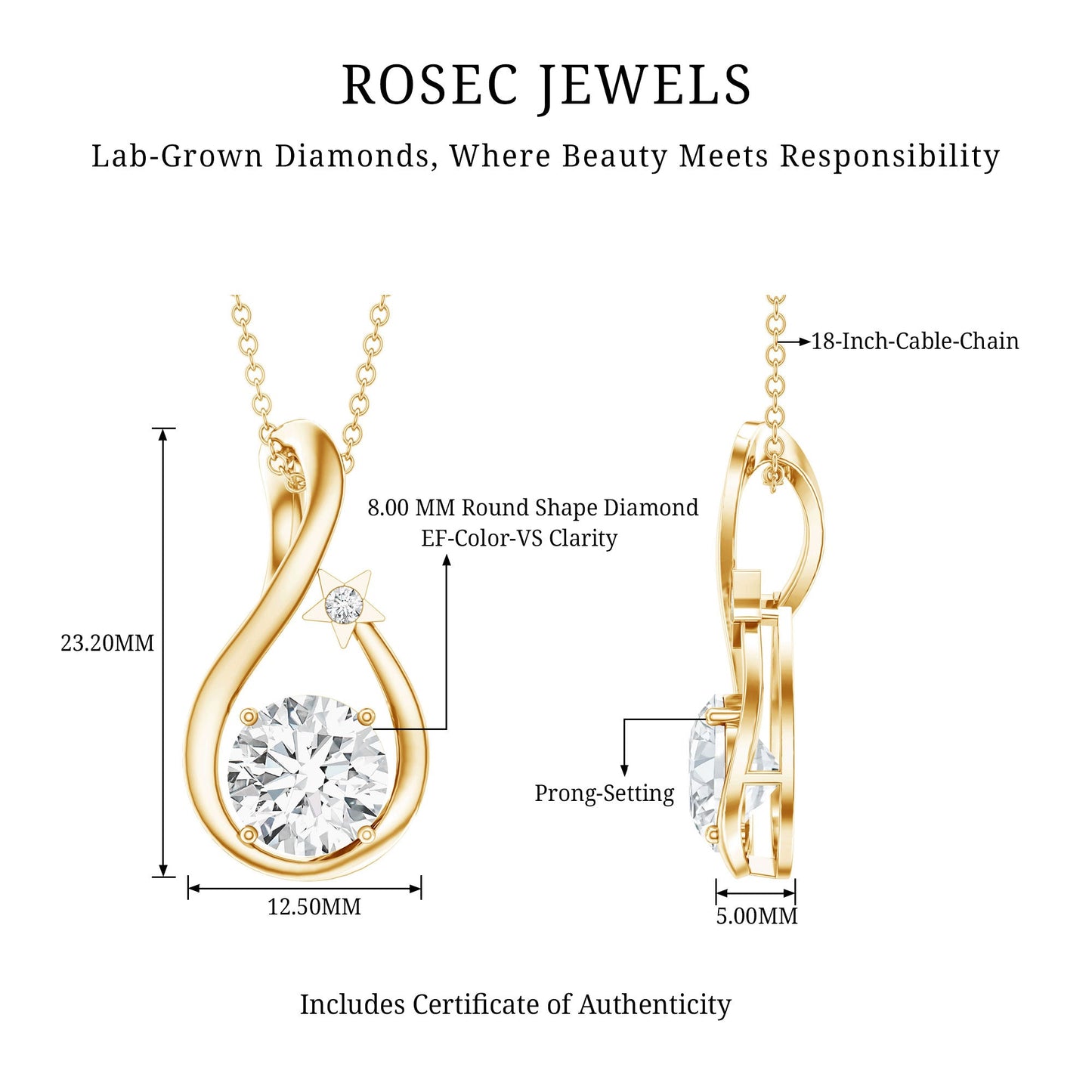 8 MM Round Solitaire Lab Grown Diamond Teardrop Necklace