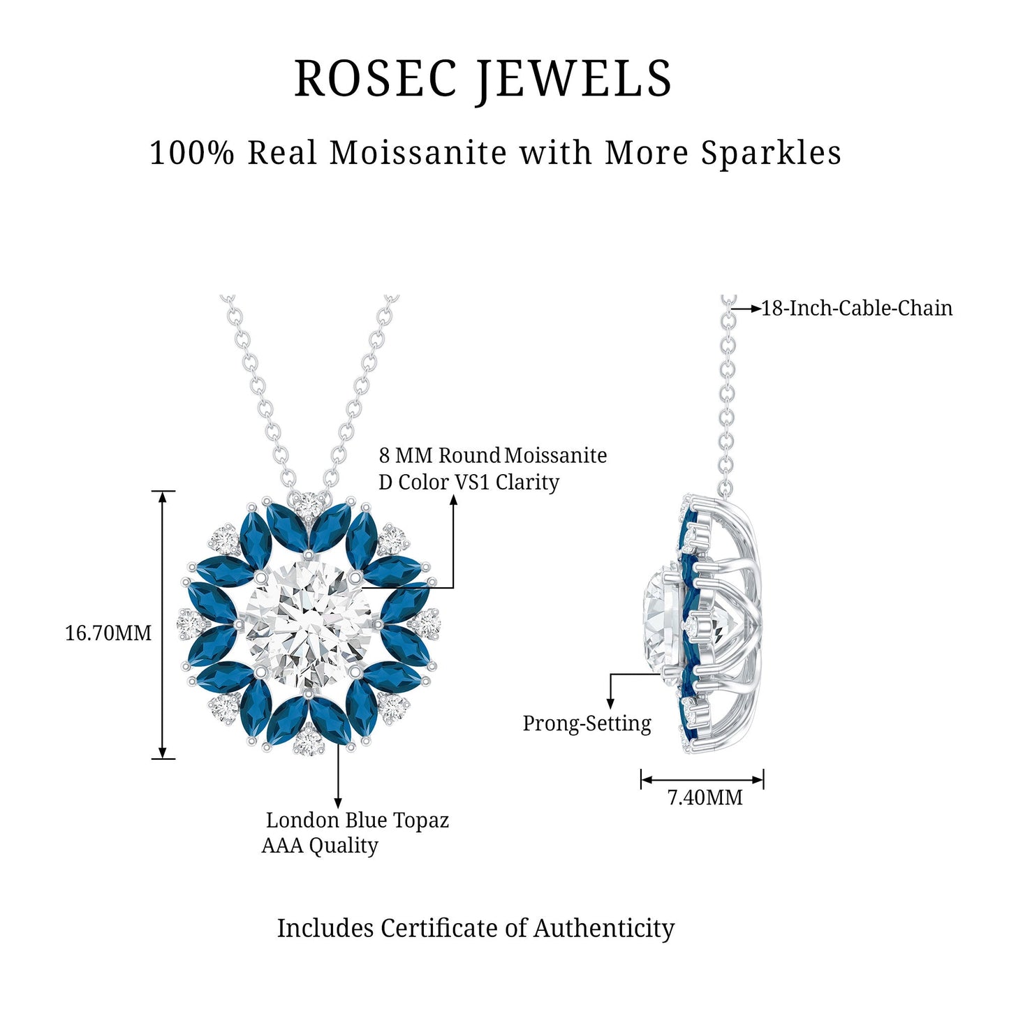 2 Carat Moissanite Statement Necklace with London Blue Topaz Halo