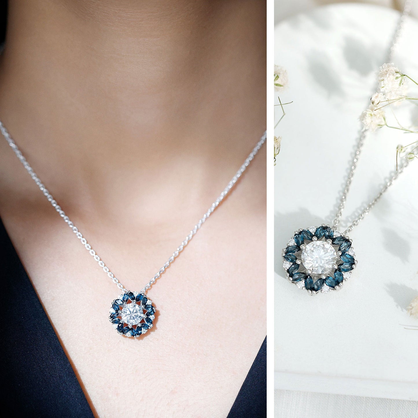 2 Carat Moissanite Statement Necklace with London Blue Topaz Halo