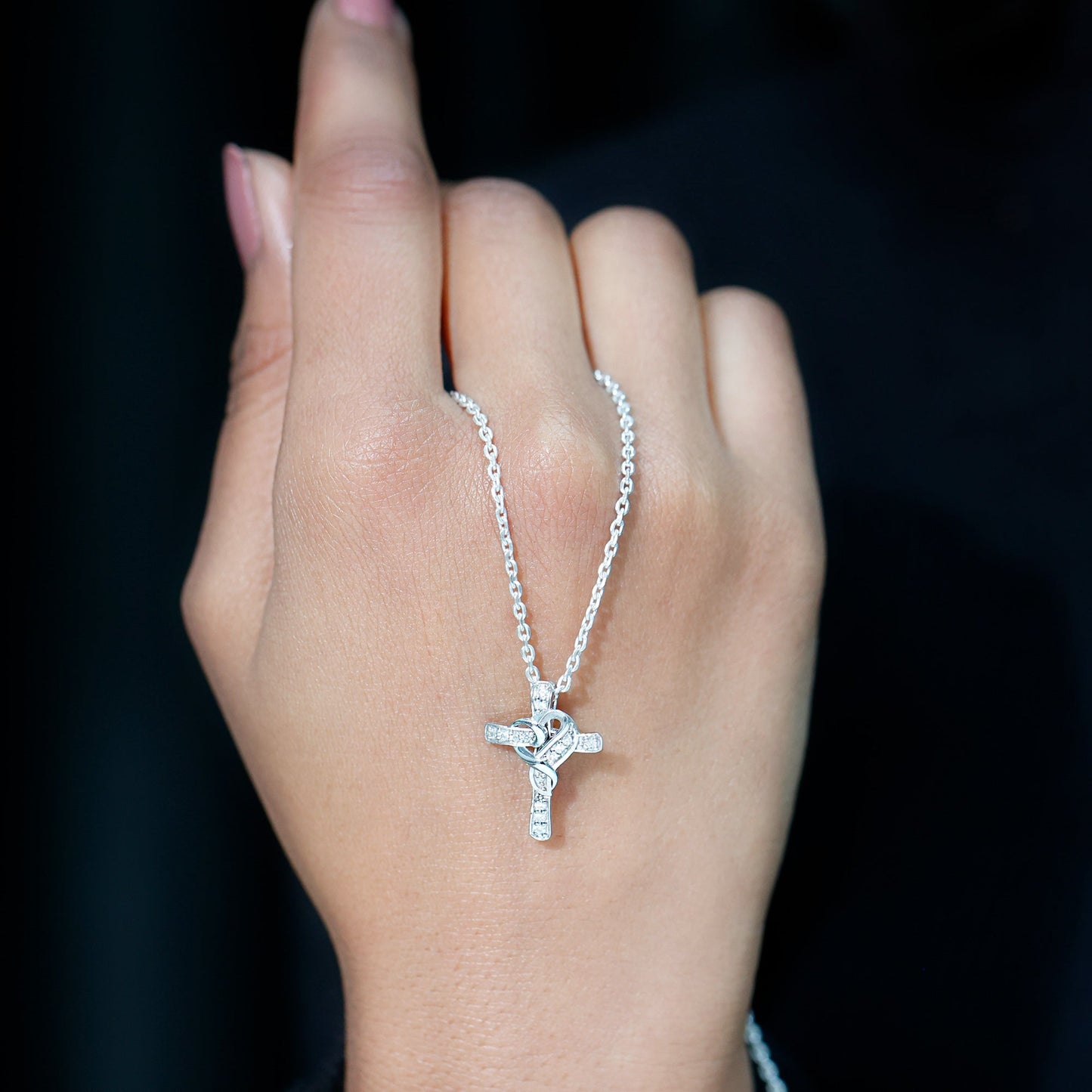 Certified Moissanite Cross Heart Necklace with Silver Chain