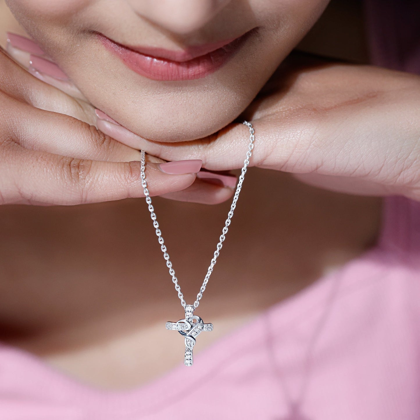 Certified Moissanite Cross Heart Necklace with Silver Chain
