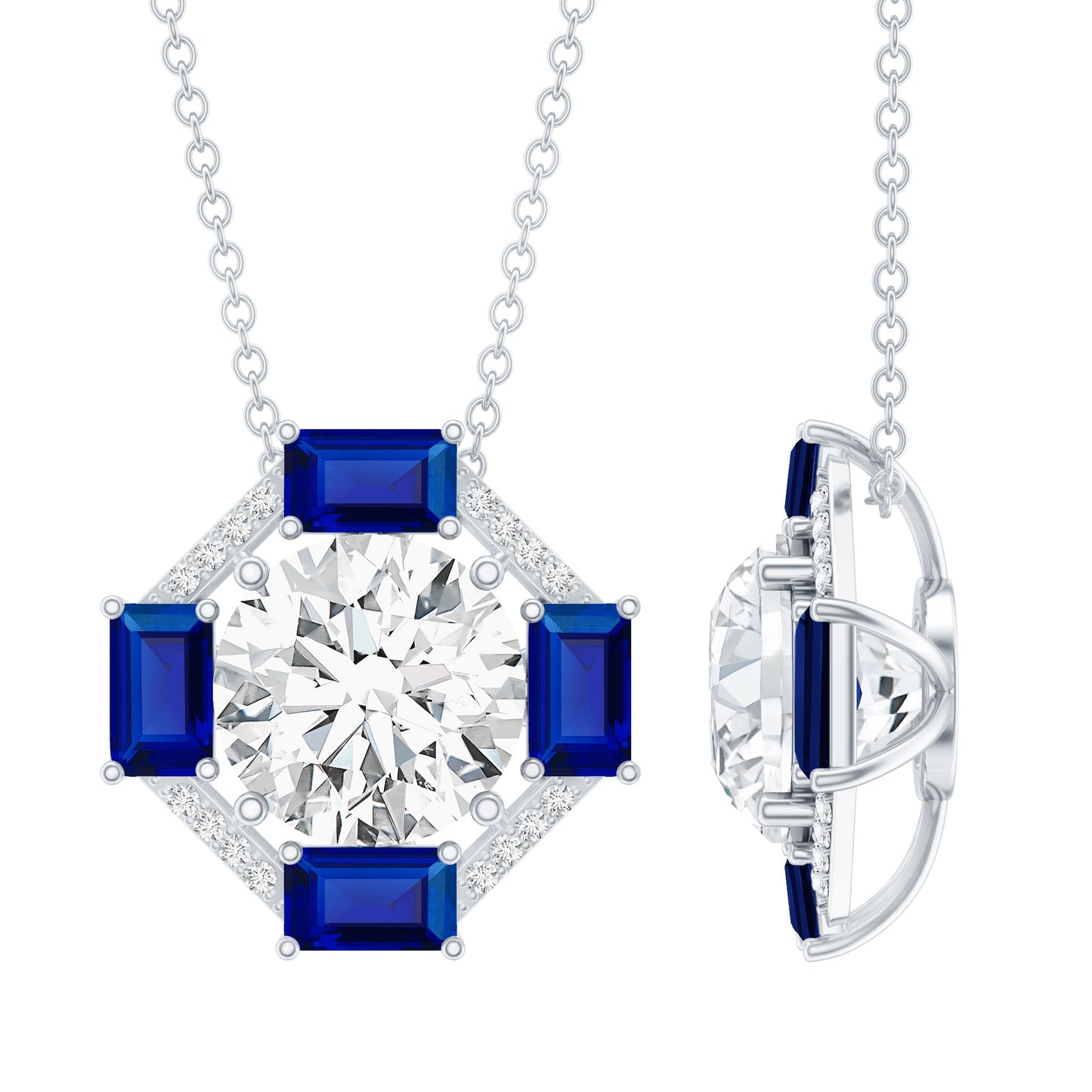 Certified Moissanite Sapphire Vintage Necklace with Silver Chain