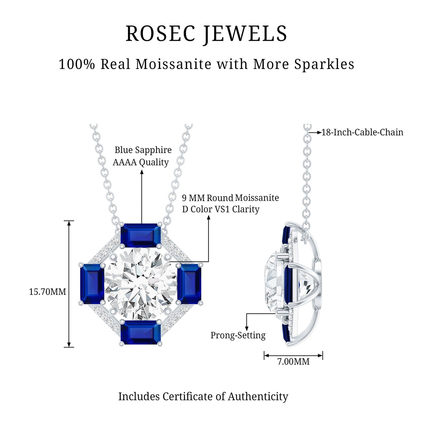 Certified Moissanite Sapphire Vintage Necklace with Silver Chain