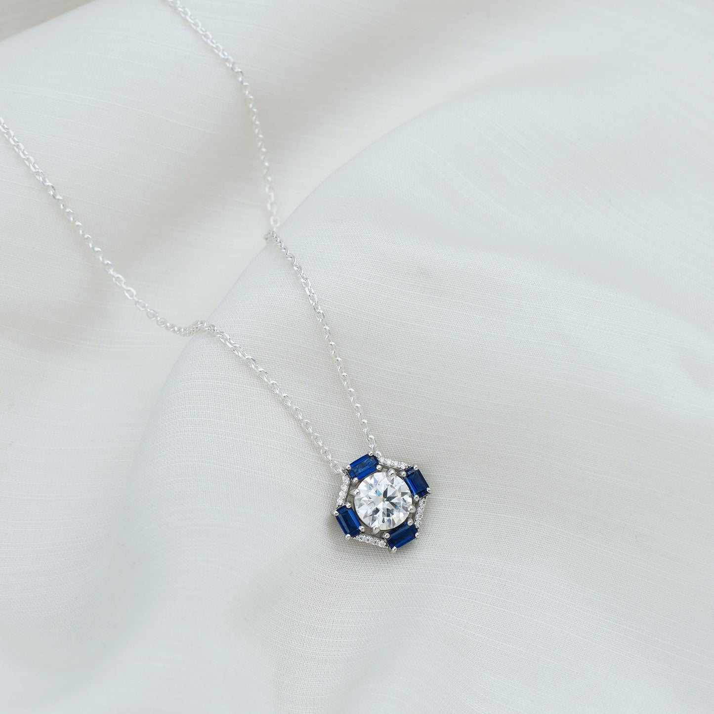 Certified Moissanite Sapphire Vintage Necklace with Silver Chain
