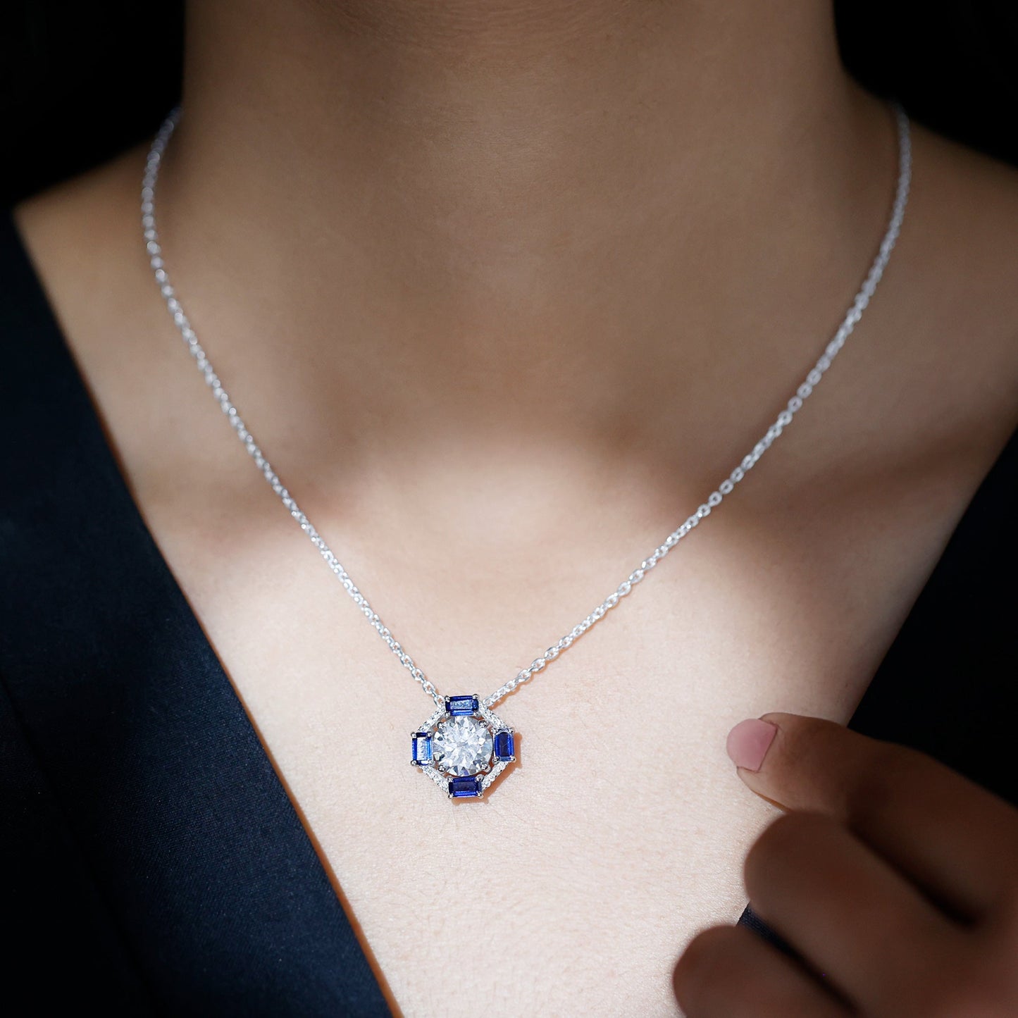 Certified Moissanite Sapphire Vintage Necklace with Silver Chain