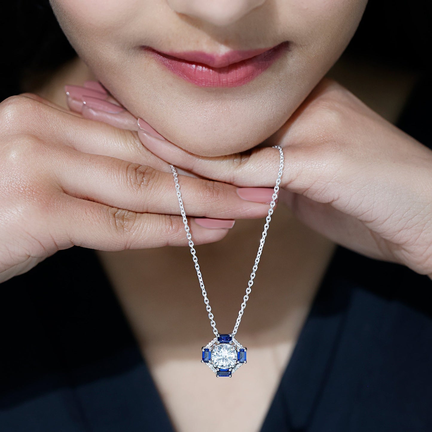 Certified Moissanite Sapphire Vintage Necklace with Silver Chain