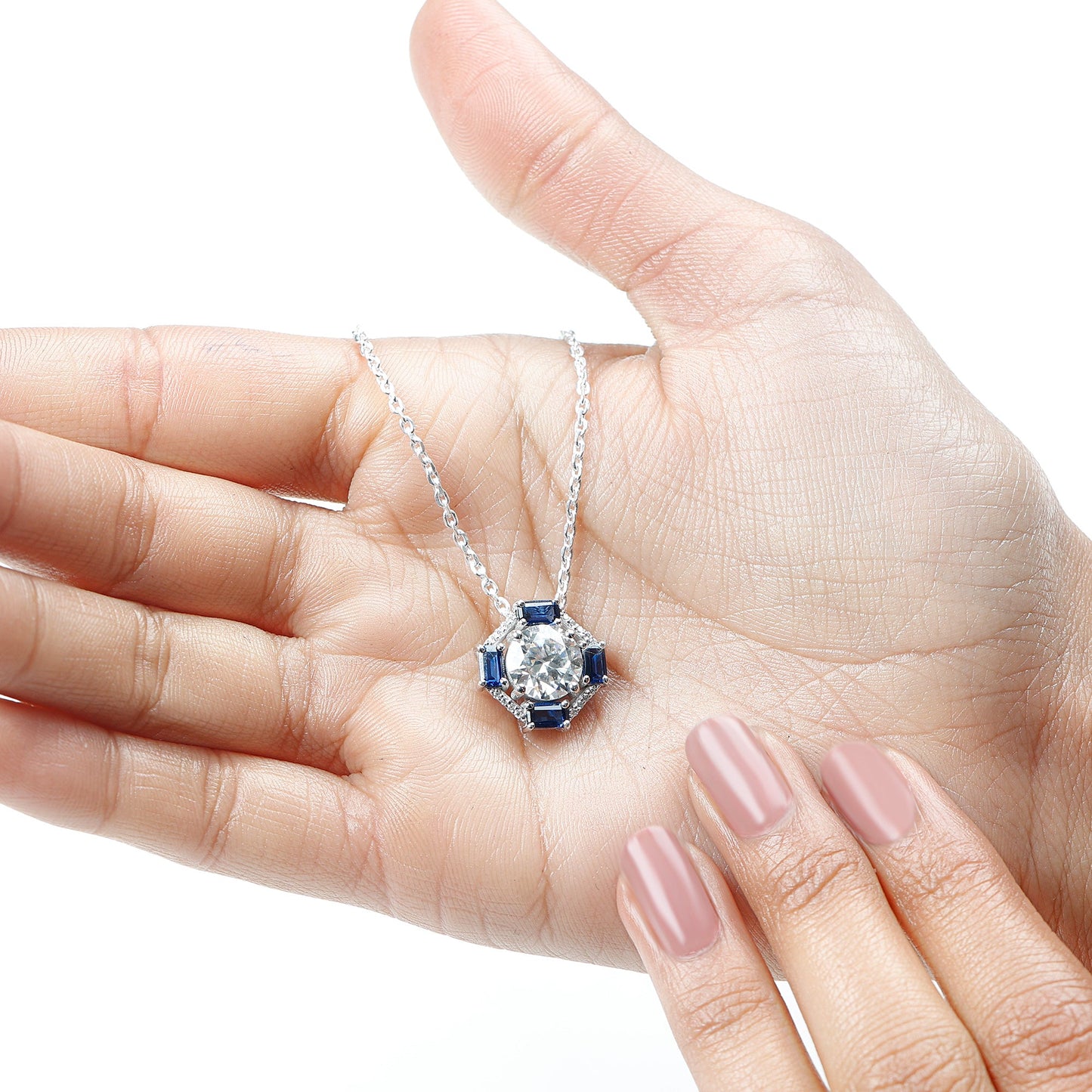 Certified Moissanite Sapphire Vintage Necklace with Silver Chain