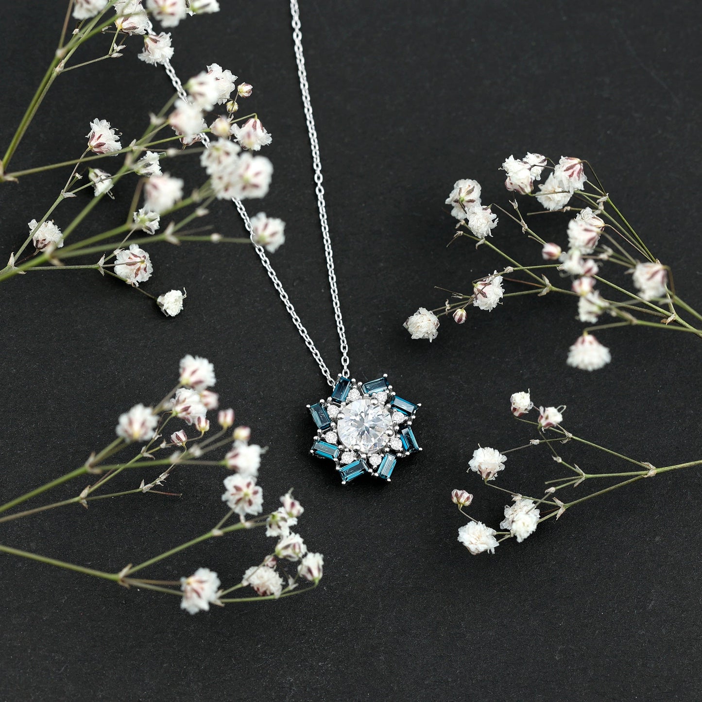 Certified 2 Carat Moissanite Statement Necklace with London Blue Topaz