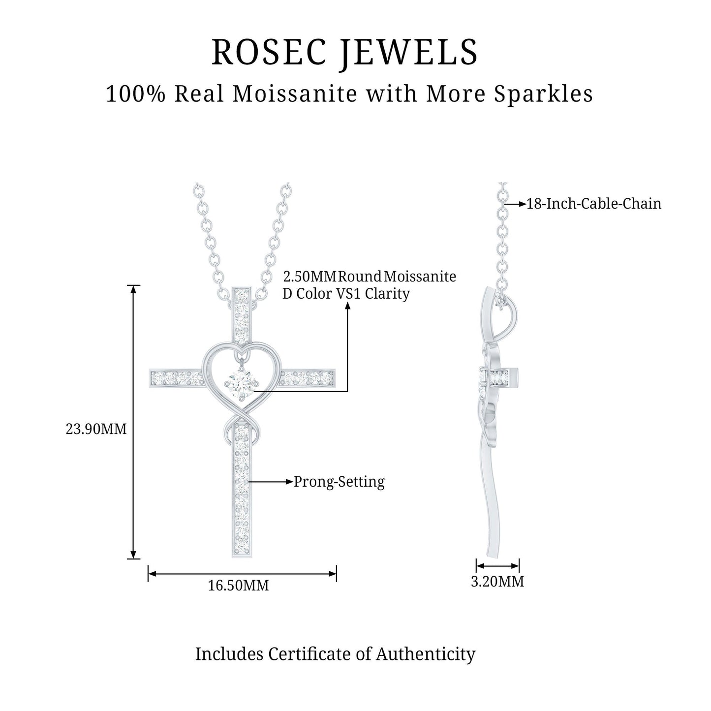 Certified Moissanite Catholic Cross Heart Necklace