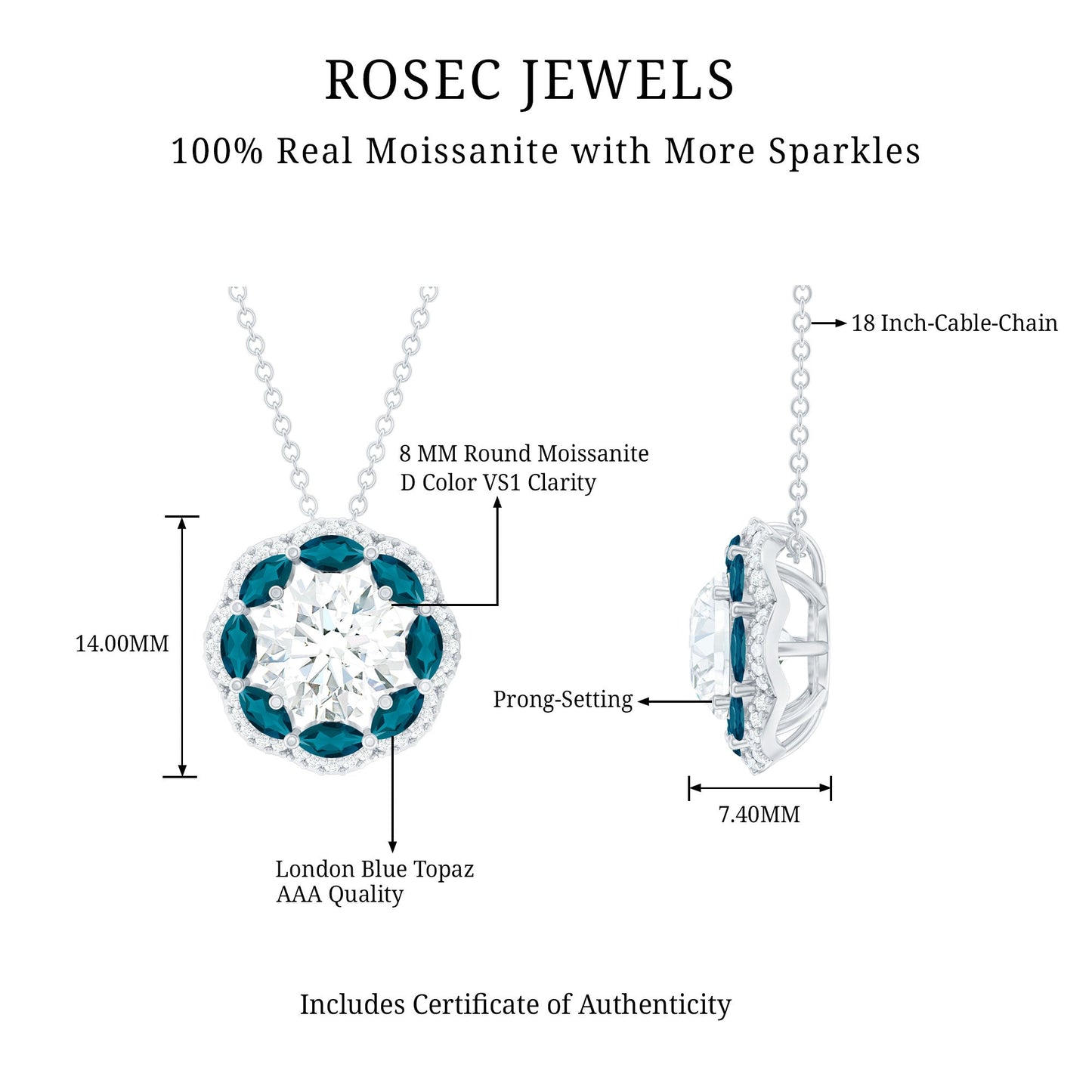 Certified 2 CT Moissanite and London Blue Topaz Flower Necklace With Silver Chain