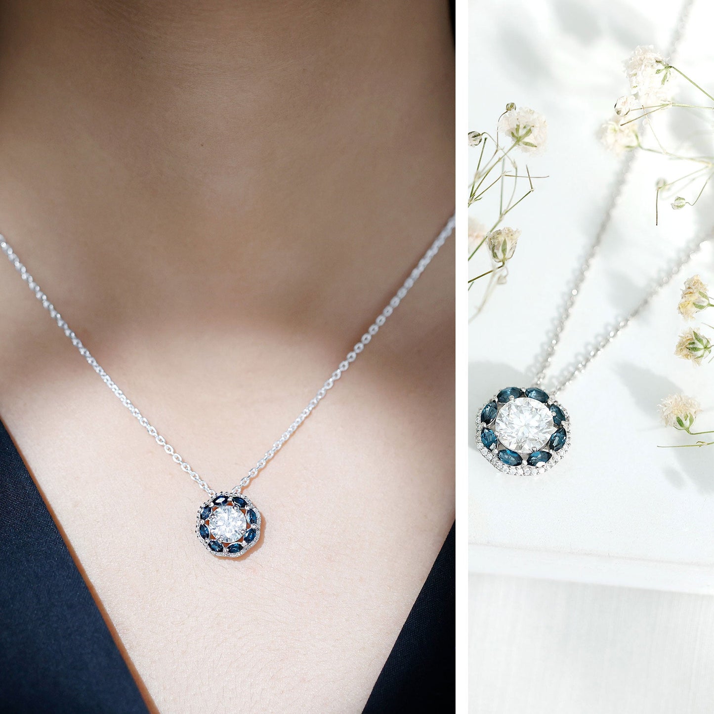 Certified 2 CT Moissanite and London Blue Topaz Flower Necklace With Silver Chain