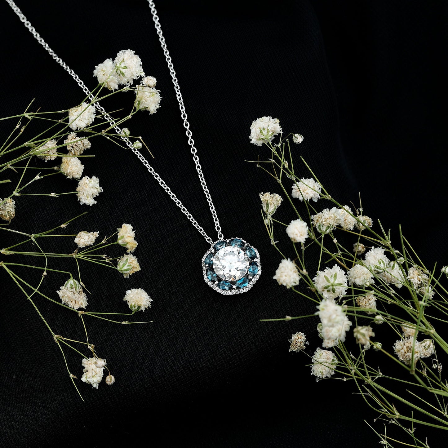Certified 2 CT Moissanite and London Blue Topaz Flower Necklace With Silver Chain