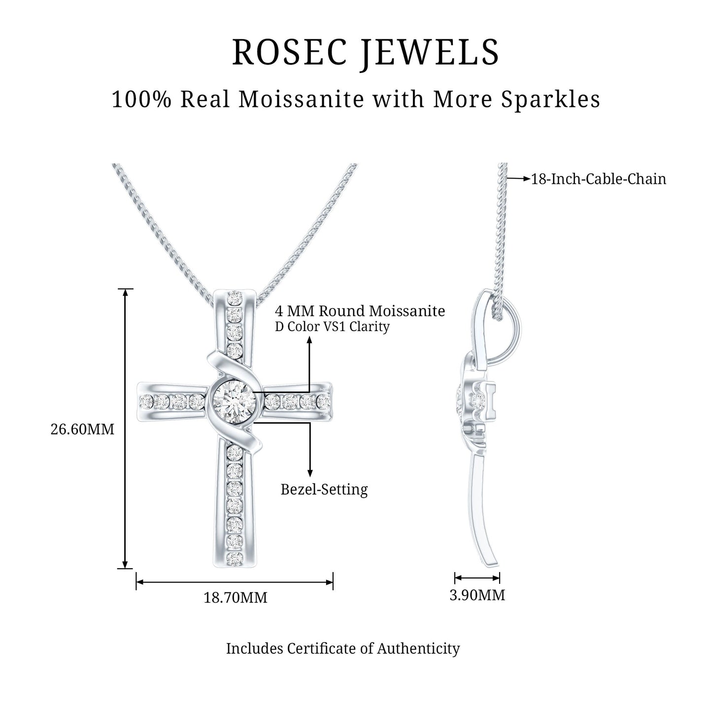 Certified Moissanite Cross Pendant Necklace with Silver Chain