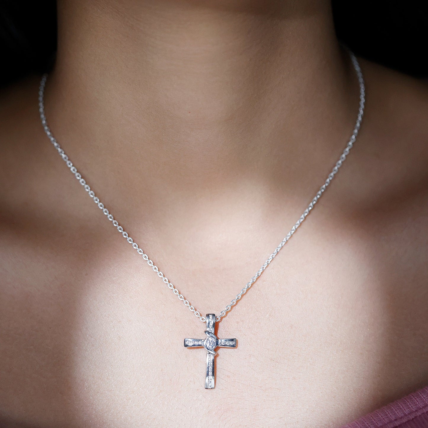 Certified Moissanite Cross Pendant Necklace with Silver Chain