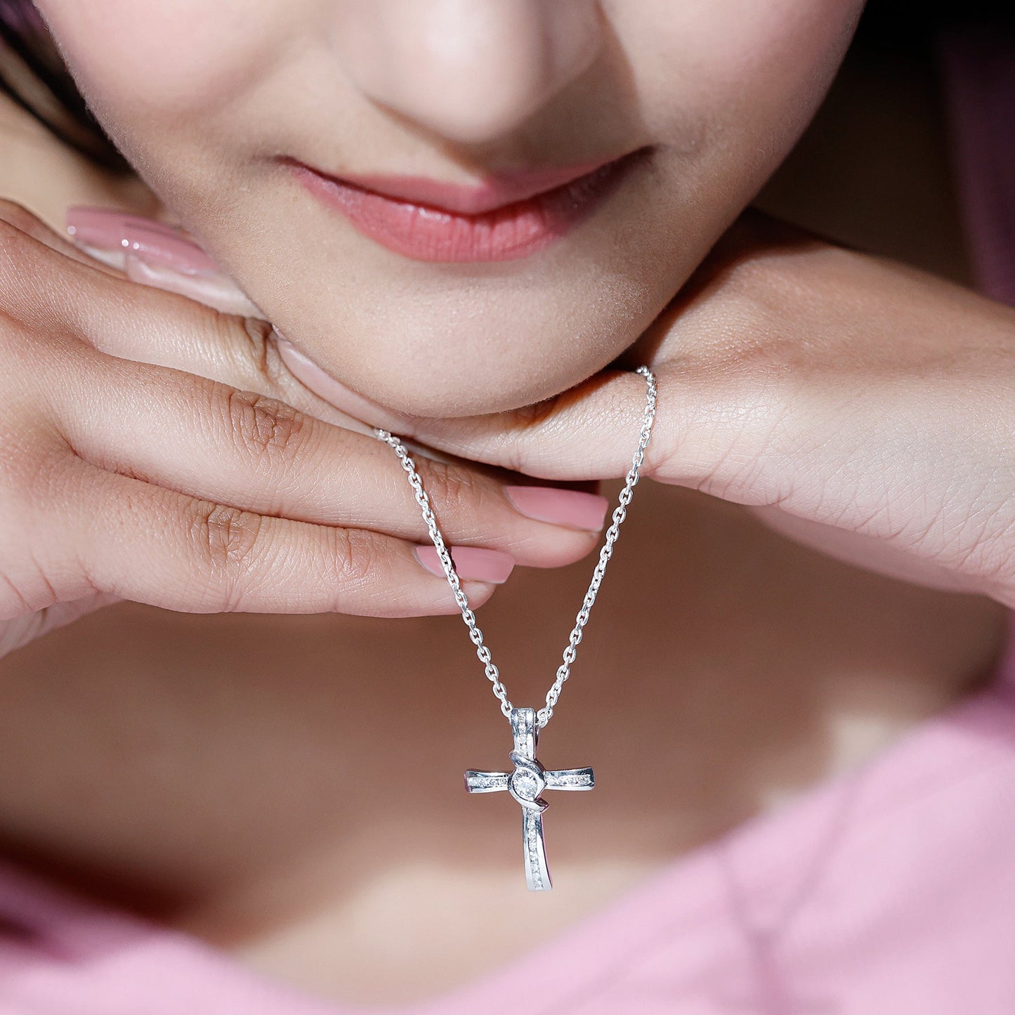 Certified Moissanite Cross Pendant Necklace with Silver Chain