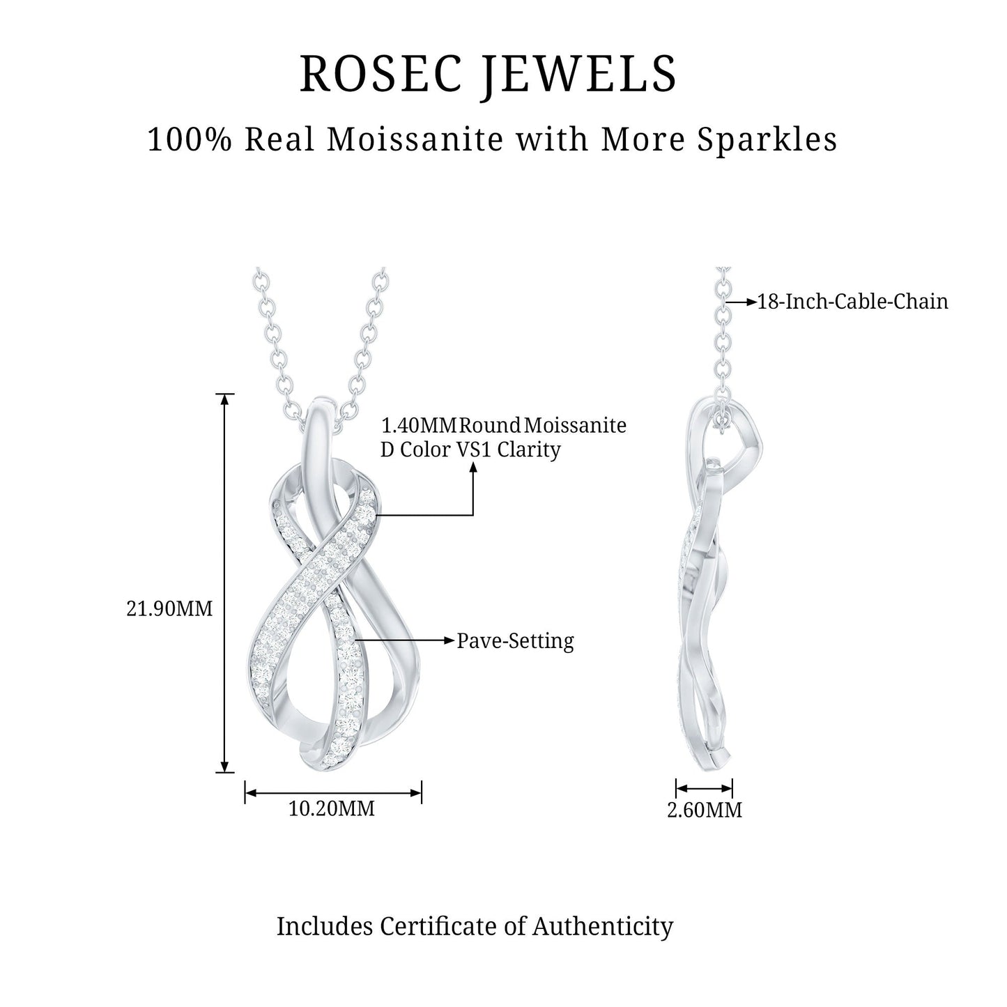 Pave Set Moissanite Infinity Knot Necklace with Silver Chain