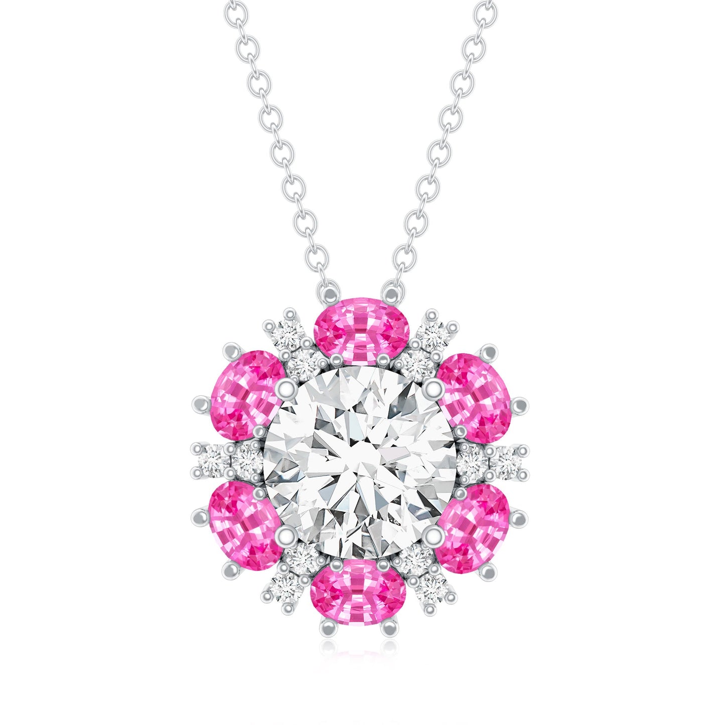 Certified 2 CT Moissanite and Lab Grown Pink Sapphire Flower Pendant Necklace