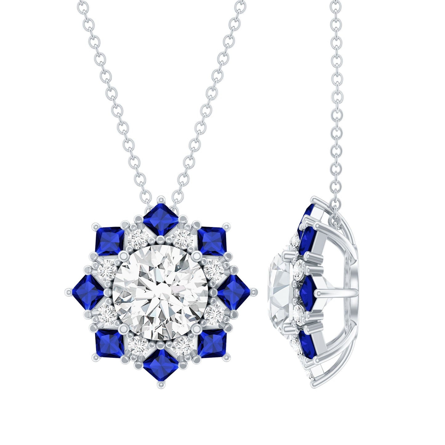 Certified Moissanite and Lab Sapphire Designer Necklace With Chain