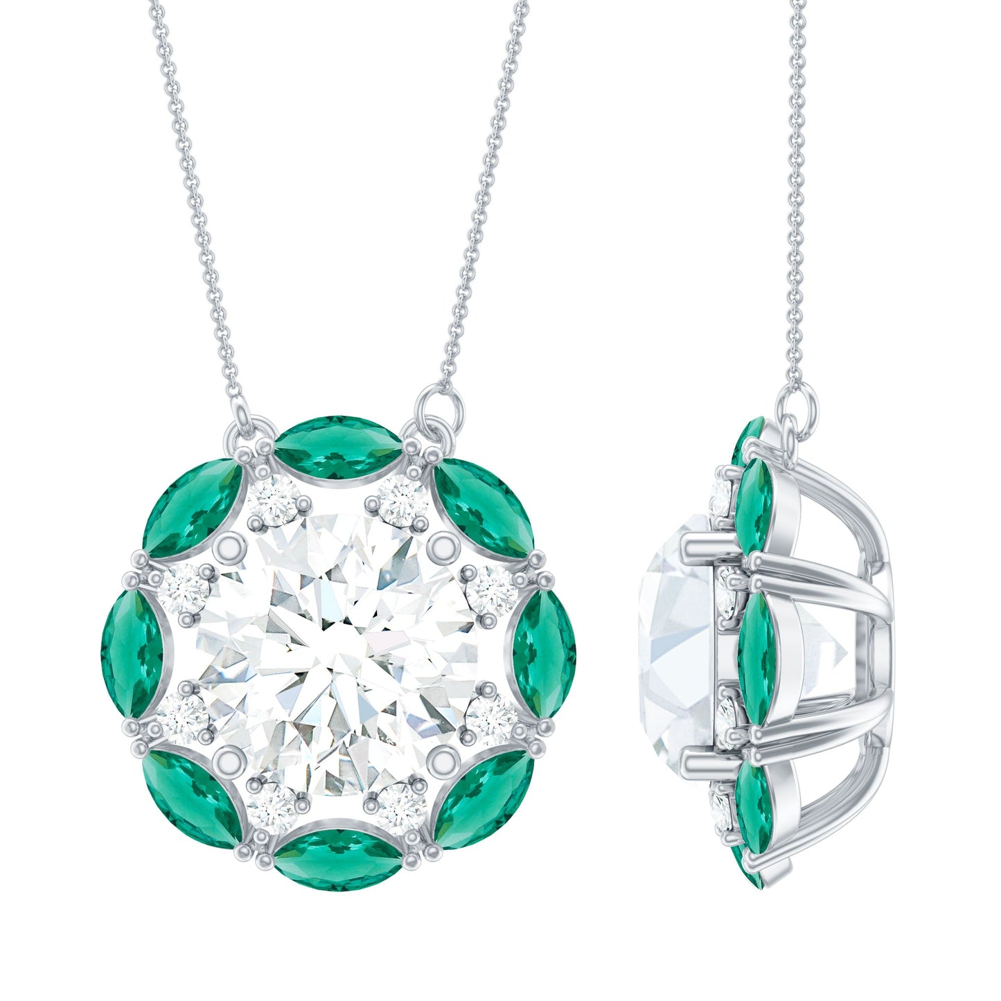 2 Carat Moissanite Statement Halo Necklace with Lab Grown Emerald