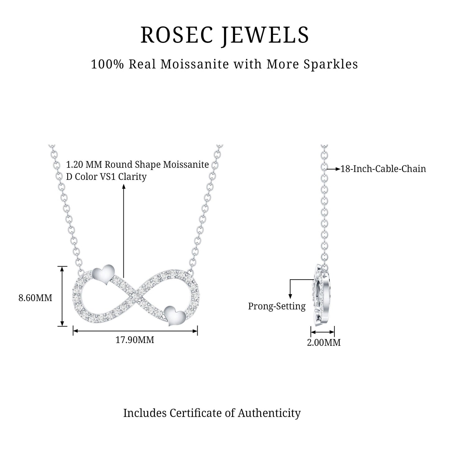 Certified Moissanite Infinity Heart Necklace in 14K Gold Plated Silver