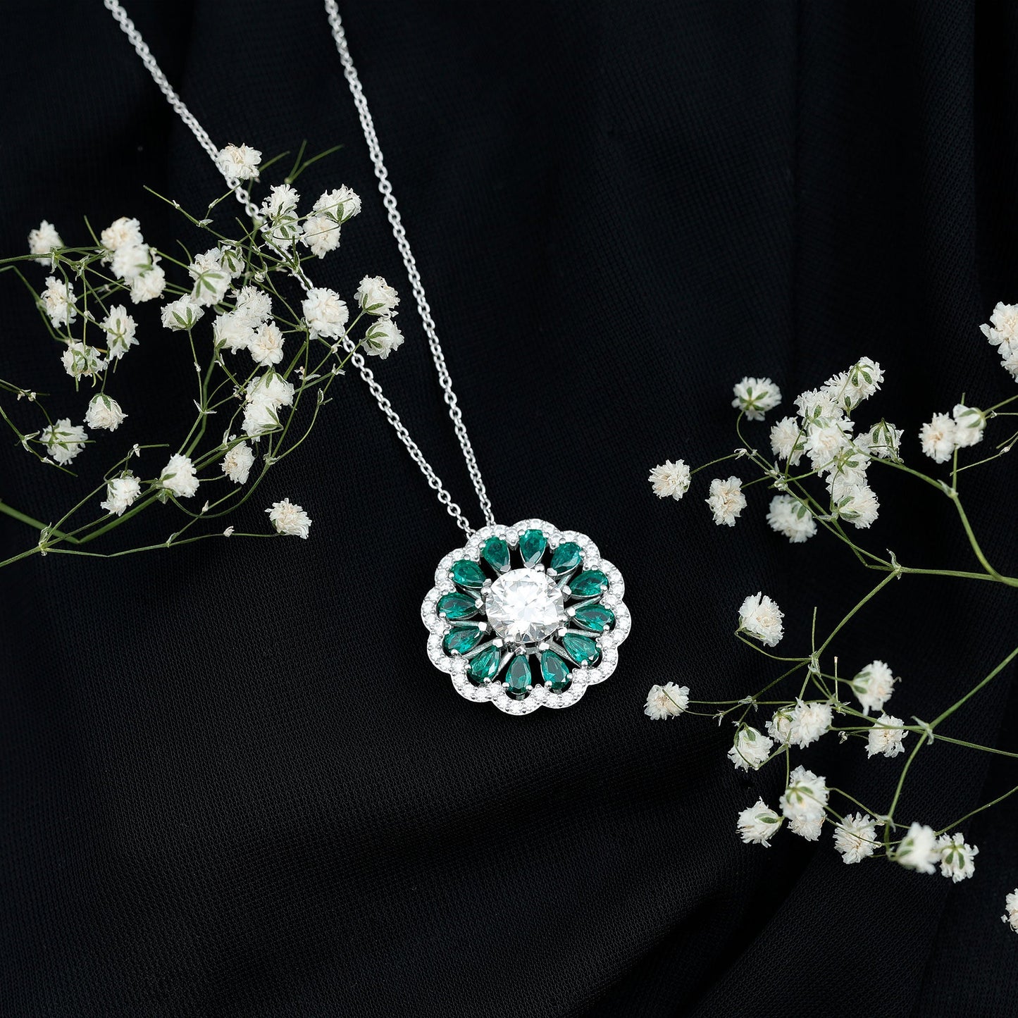 Certified 3 Carat Moissanite Flower Bridal Necklace With Lab Grown Emerald