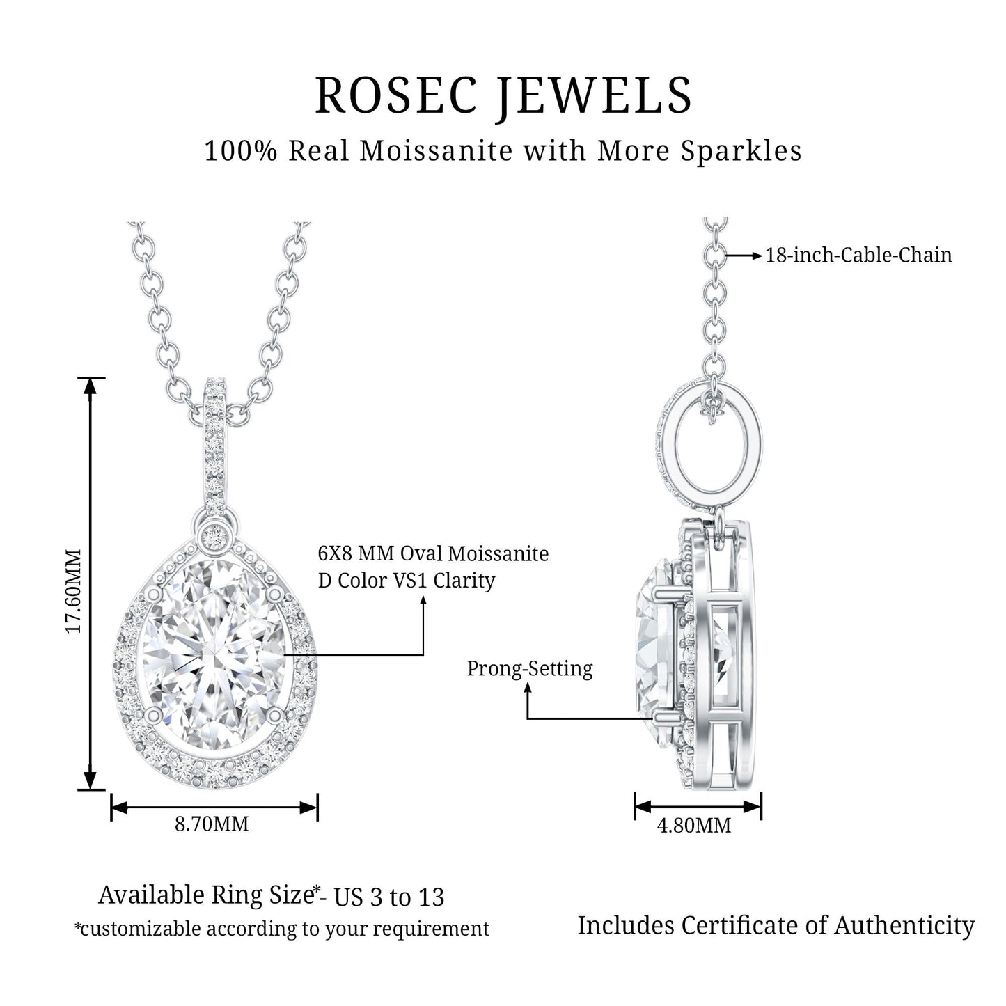 Certified 1.2 Carat Oval Moissanite Bridal Necklace For Wedding in Silver