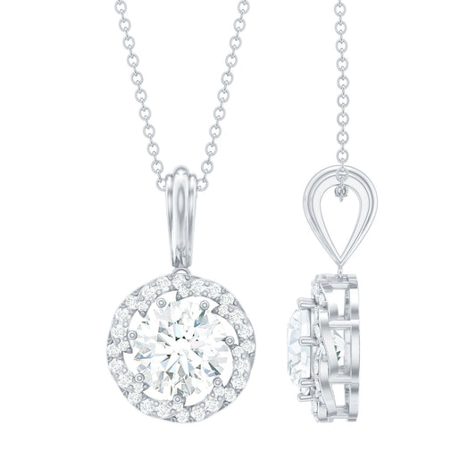 Certified 2 Carat Moissanite Halo Pendant Necklace with Silver Chain
