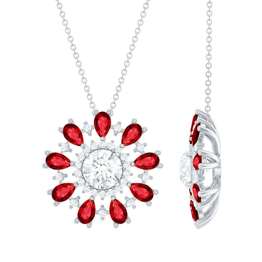 Certified 1.3 Carat Moissanite Statement Flower Necklace with Lab Grown Ruby
