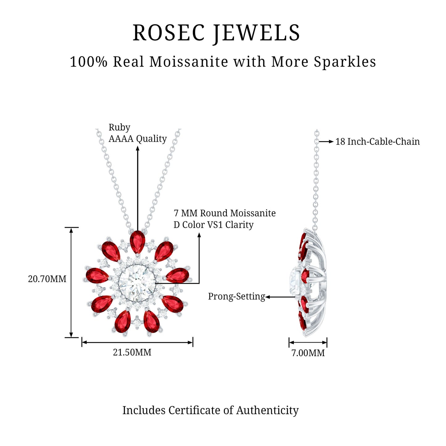 Certified 1.3 Carat Moissanite Statement Flower Necklace with Lab Grown Ruby