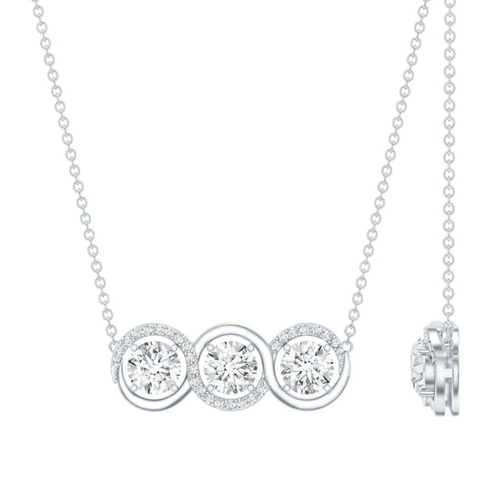 Certified Round Moissanite 3 Stone Bar Necklace with Silver Chain