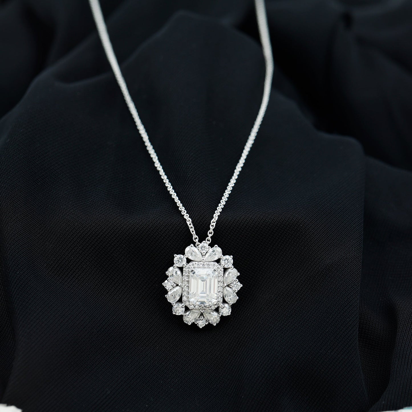 Emerald Cut 7X9 MM Moissanite Vintage Wedding Necklace In Silver