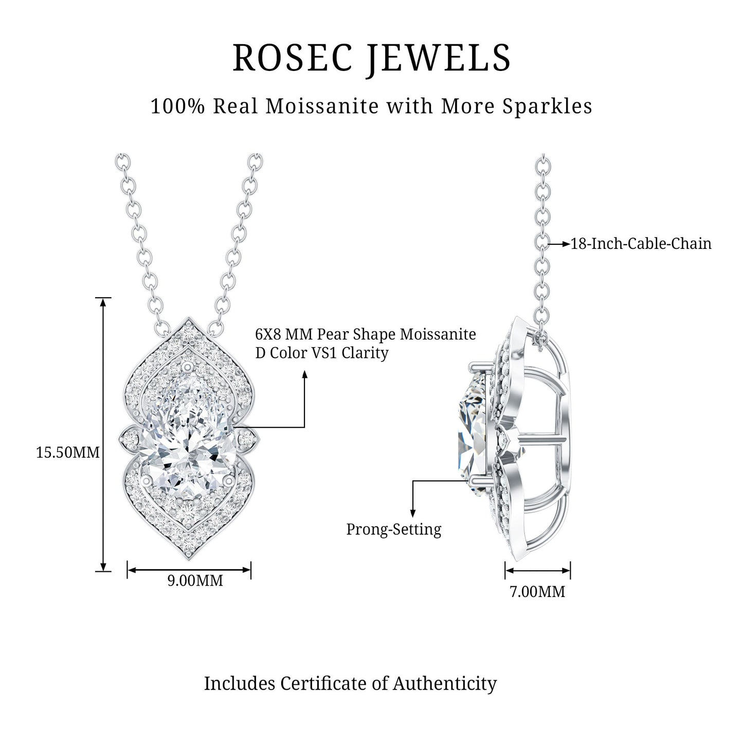 Certified 1.3 Carat Pear Cut Moissanite Vintage Necklace with Silver Chain