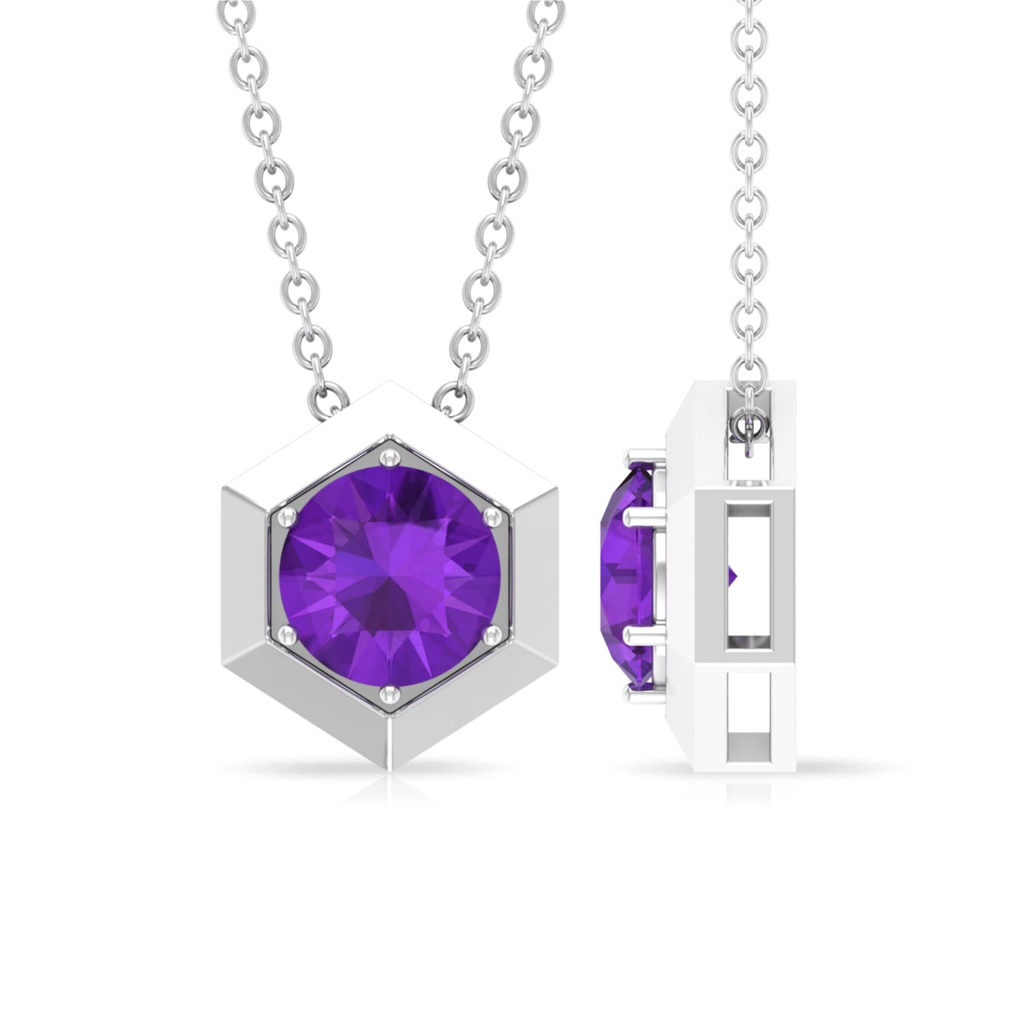 Solitaire Amethyst Hexagon Pendant Necklace