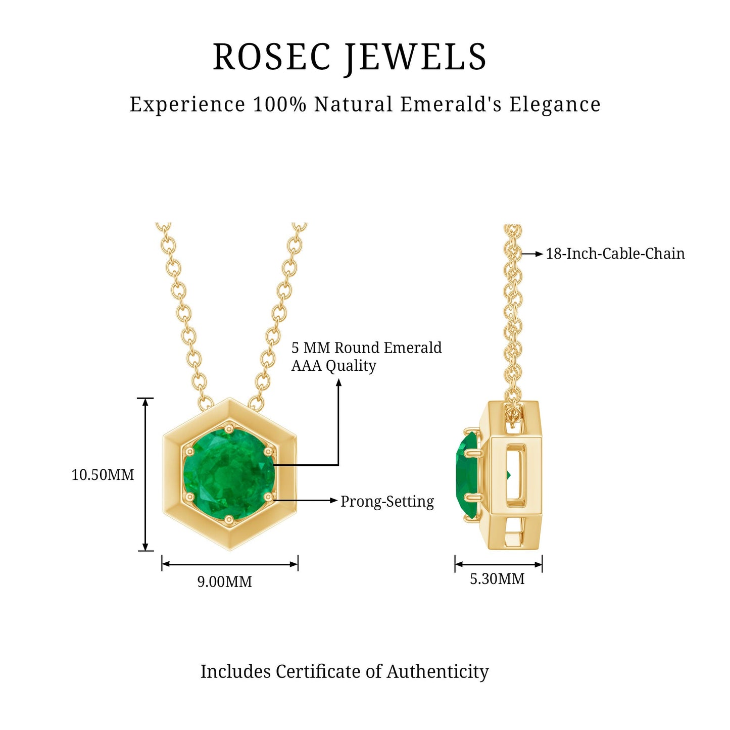 5MM Solitaire Emerald Hexagon Pendant Necklace