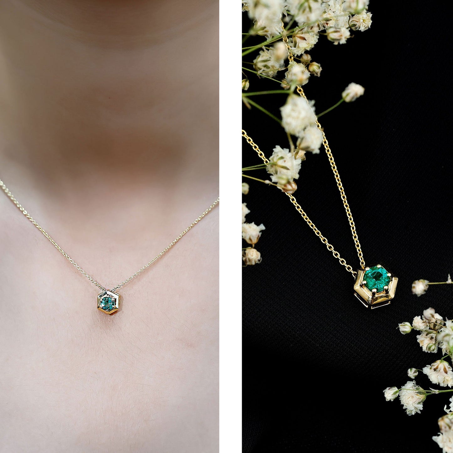 5MM Solitaire Emerald Hexagon Pendant Necklace