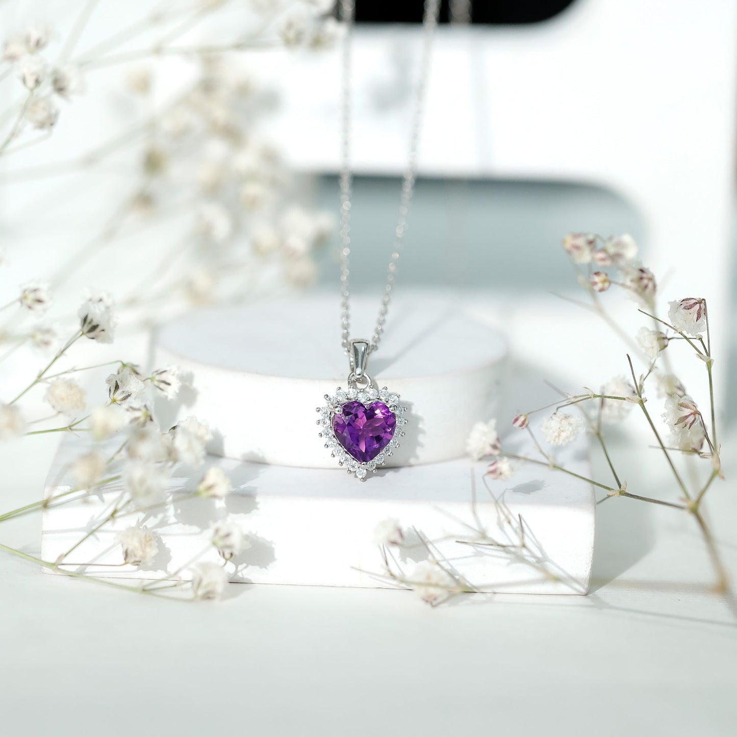 Natural 2 Carat Amethyst Heart Locket With Silver Chain