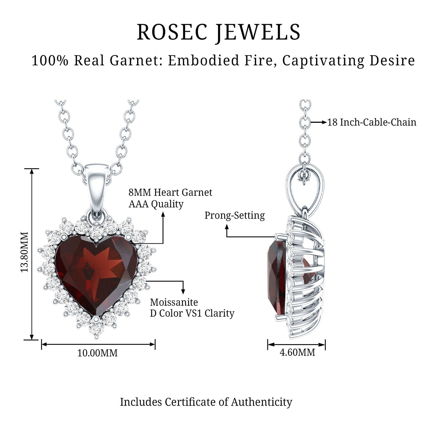 Real 4 Carat Garnet Heart Pendant Necklace With Silver Chain