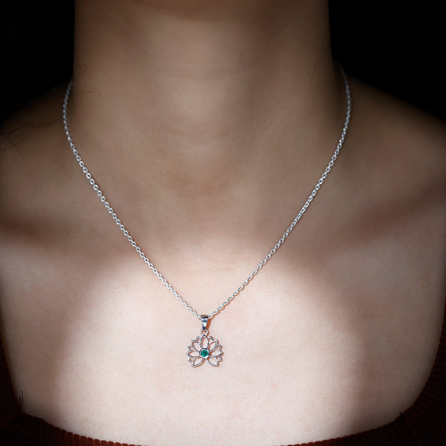 Genuine Emerald Lotus Necklace With Chain