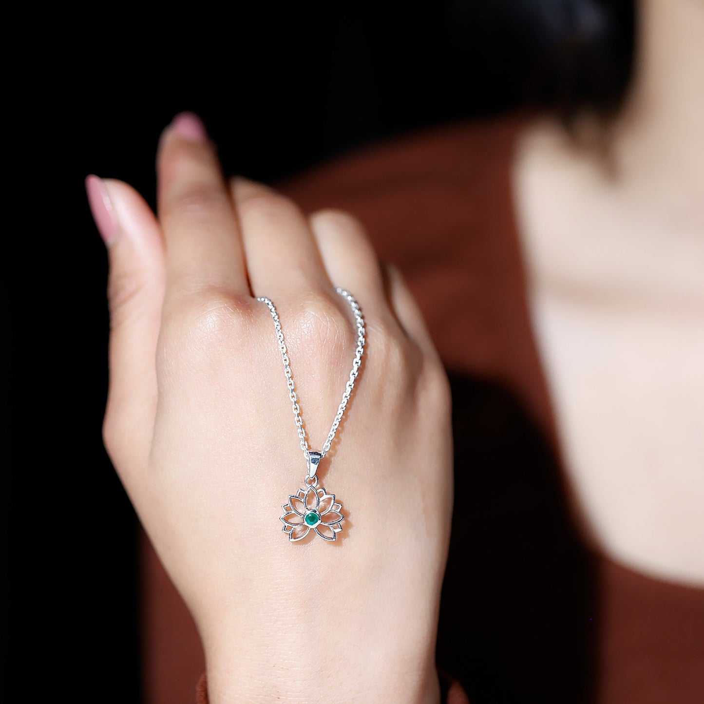 Genuine Emerald Lotus Necklace With Chain
