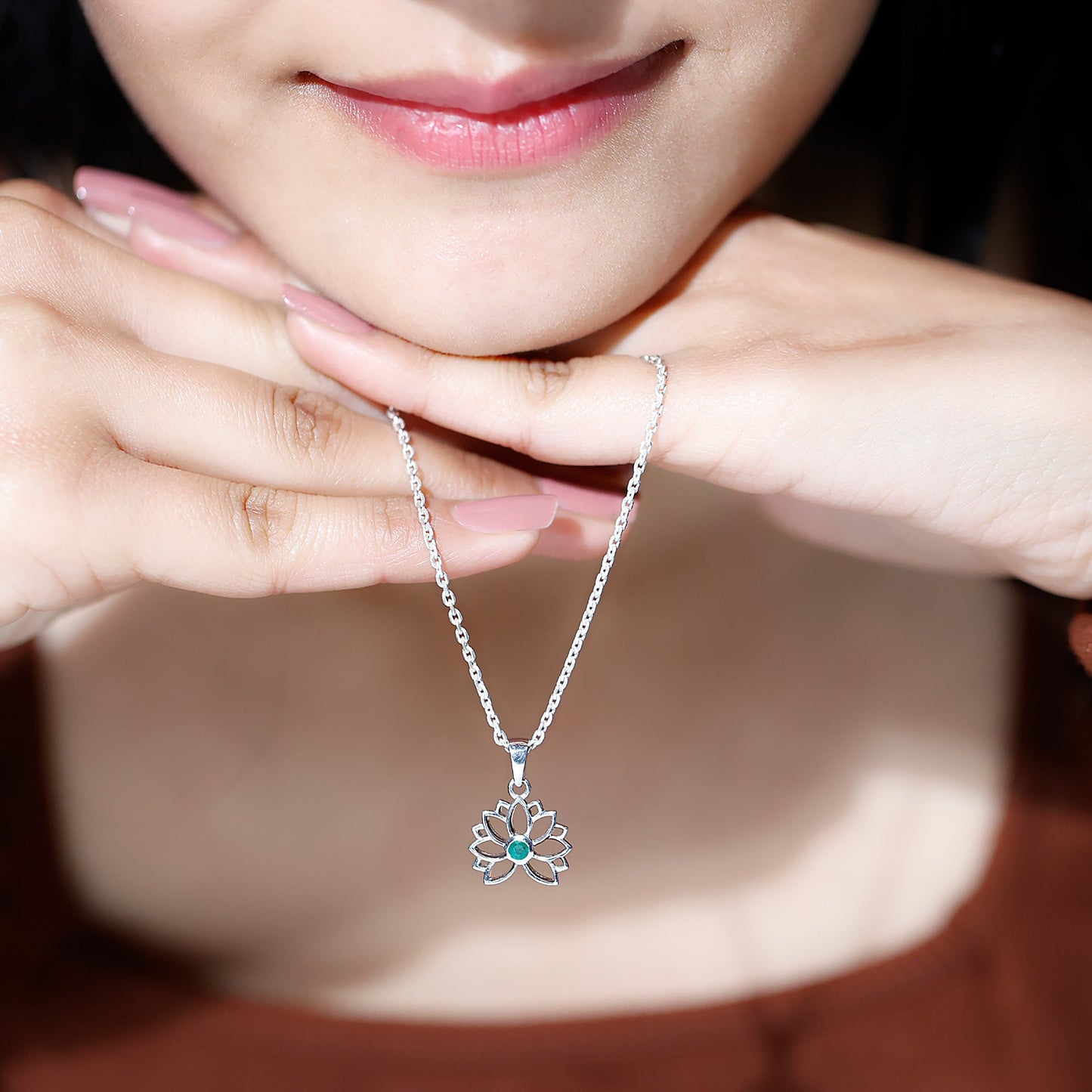 Genuine Emerald Lotus Necklace With Chain