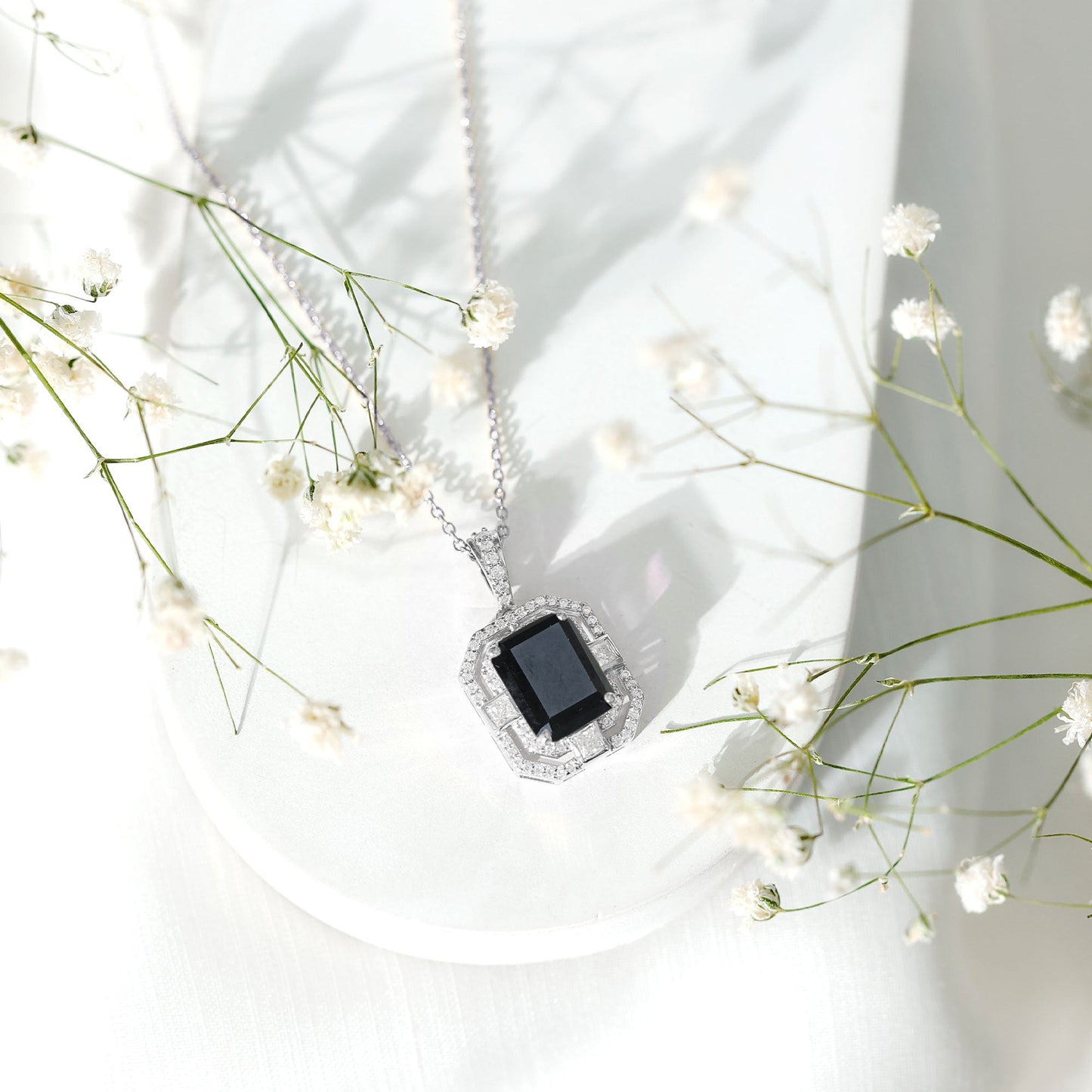 Vintage Inspired Octagon Created Black Diamond Pendant with Moissanite