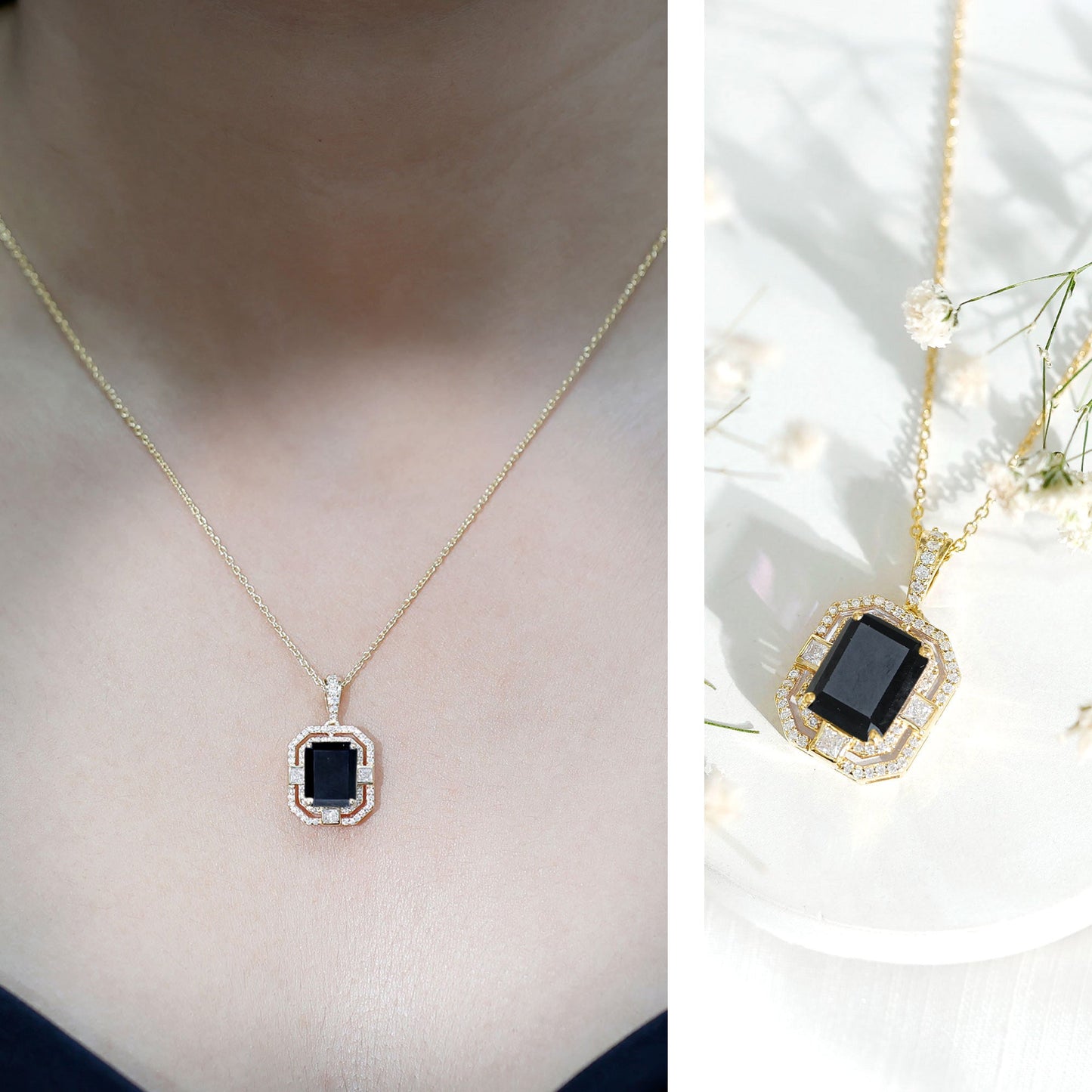 Vintage Inspired Octagon Created Black Diamond Pendant with Moissanite