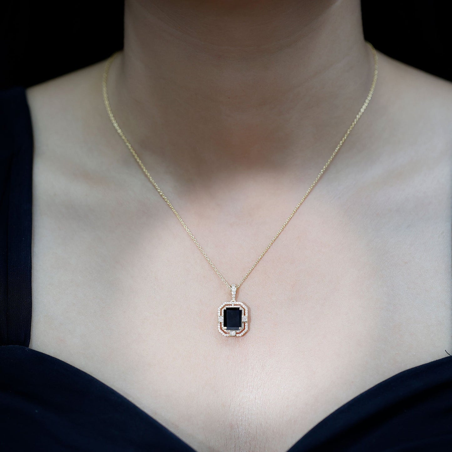 Vintage Inspired Octagon Created Black Diamond Pendant with Moissanite