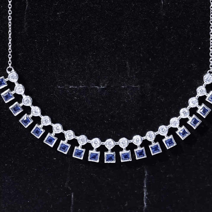 Sterling Silver Lab Grown Blue Sapphire Curved Bar Necklace for Wedding