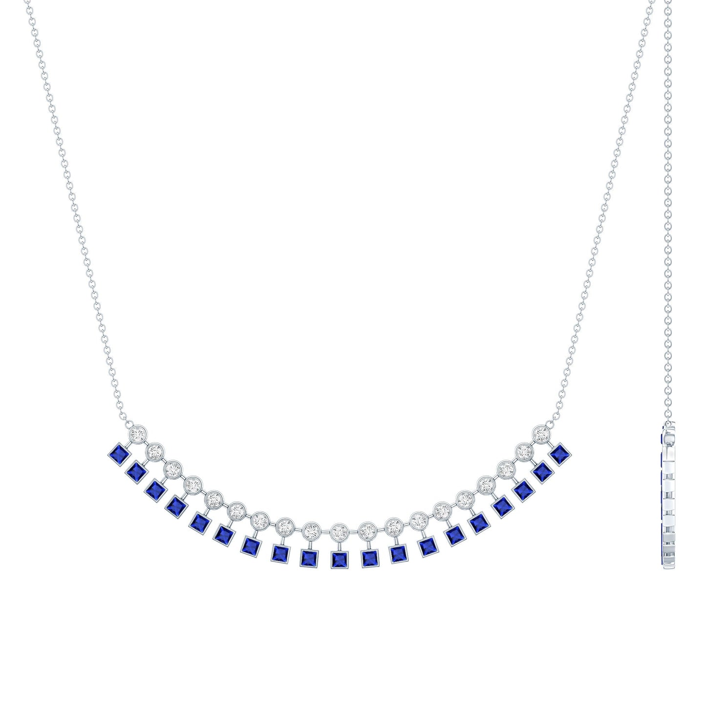 Sterling Silver Lab Grown Blue Sapphire Curved Bar Necklace for Wedding