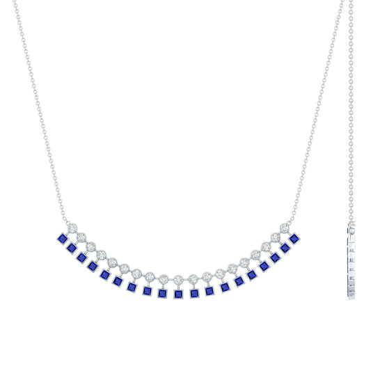 Sterling Silver Lab Grown Blue Sapphire Curved Bar Necklace for Wedding